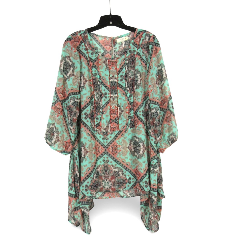 UMGEE Teal/Coral PAISLEY Chiffon PLEATED FRONT Sharkbite Hem BLOUSE/TUNIC TOP XL